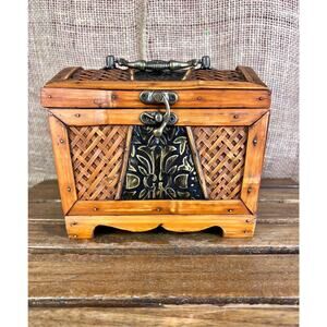 Woven Bamboo Ornate Decorative Treasure Box with Ornate Metal Handle and Clasp